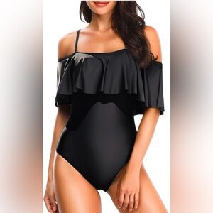 Tempt Me - NWT - Ruffled Vintage Look Black Off-Shoulder Swimsuit